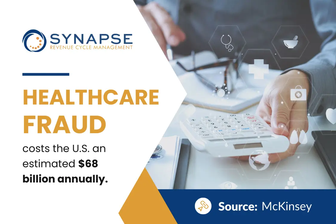 A person holding a calculator with a notebook and eyeglass on the table, doing a strategies for managing and preventing medical billing fraud.